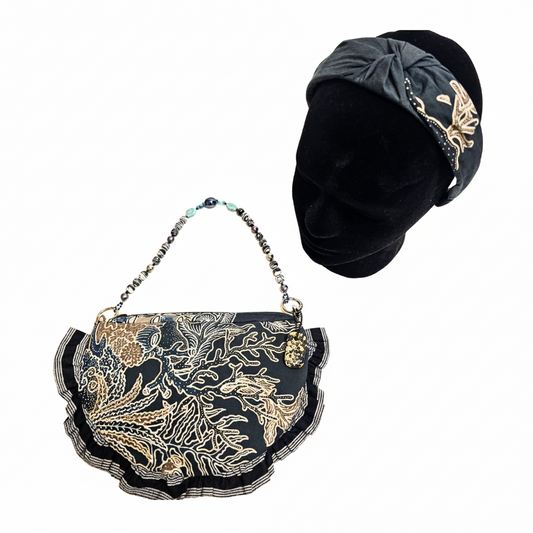 Nyana Nyana Circa Beads Bag Headband Set | Batik Tulis Handdrawn, Natural Dye, Gems, Pearl, Shell