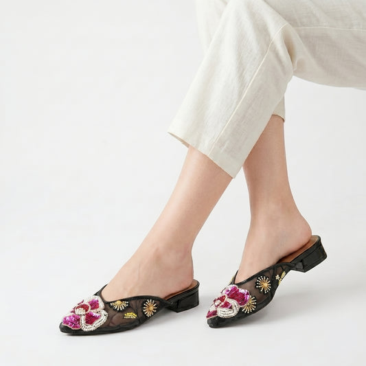 Nyana Nyana Hand-Beaded Slippers Mesh Mules (Ready stock)