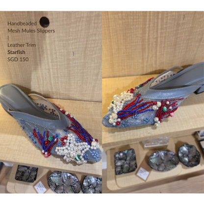 Nyana Nyana Hand-Beaded Slippers Mesh Mules (Ready stock Leather Trim 3cm)