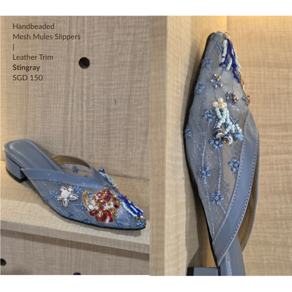 Nyana Nyana Hand-Beaded Slippers Mesh Mules (Ready stock Leather Trim 3cm)