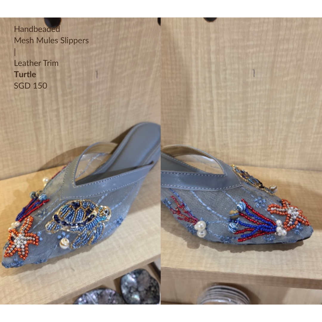 Nyana Nyana Hand-Beaded Slippers Mesh Mules (Ready stock Leather Trim 3cm)