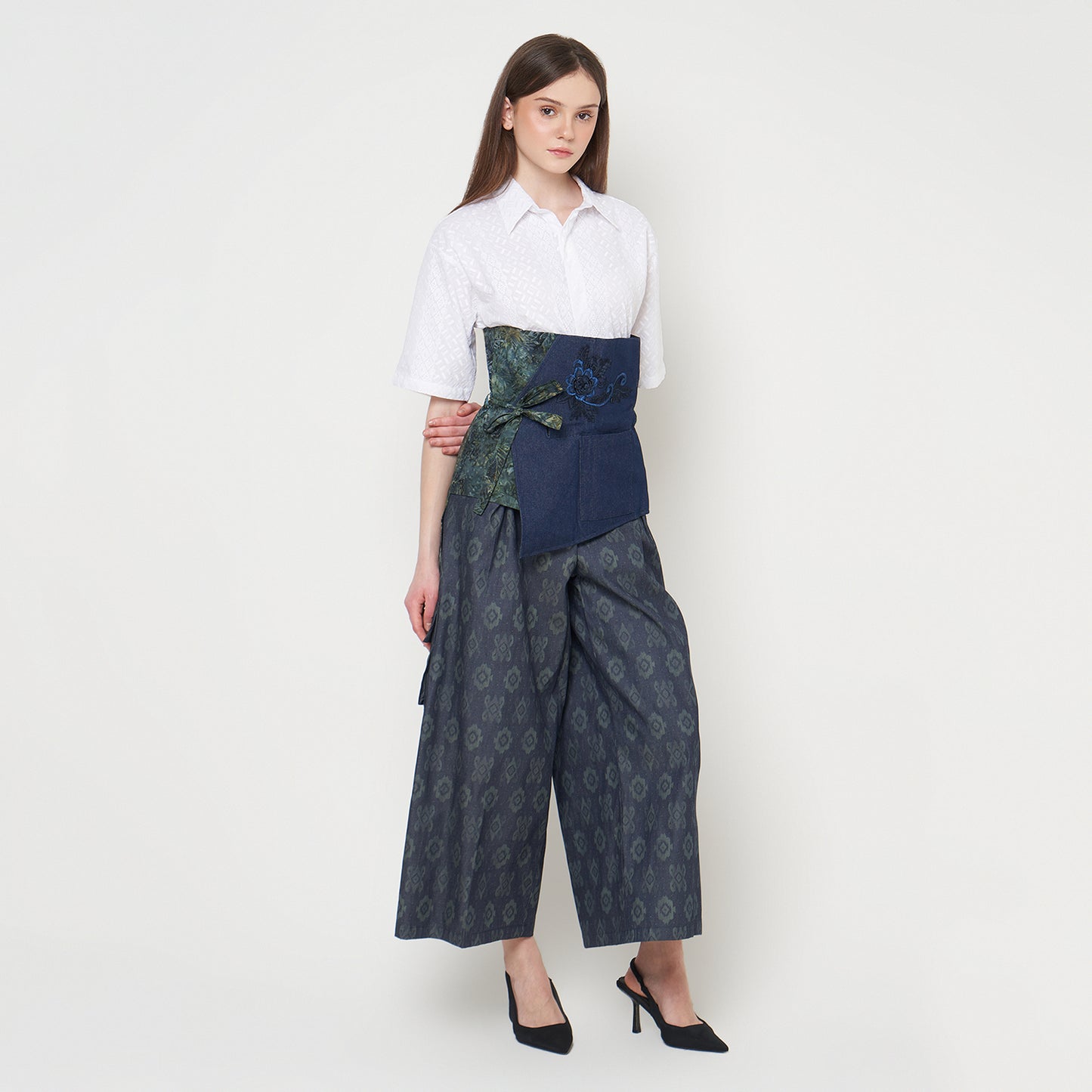 Nyana Nyana Patchwork Embroidery Batik Obi Belt - Cotton, Denim, Limited Edition Runway Piece