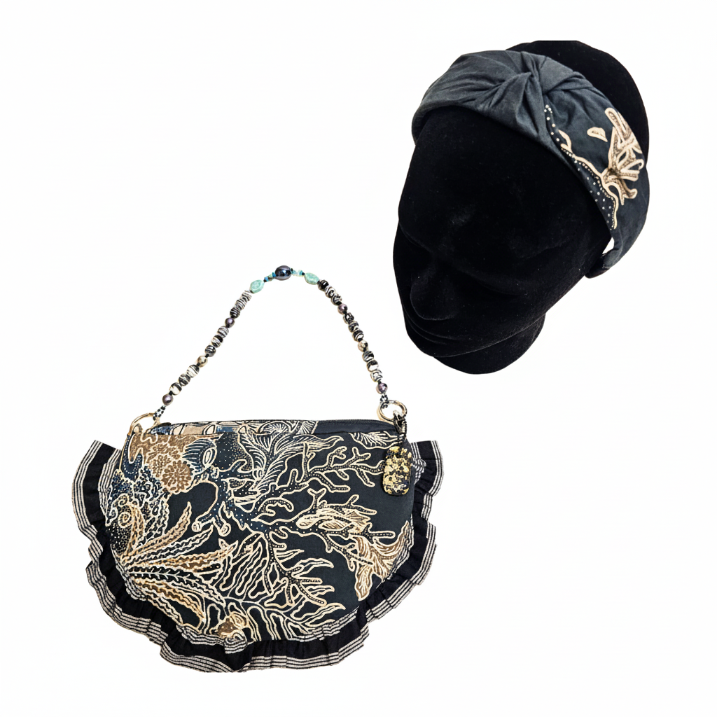 Nyana Nyana Circa Beads Bag Headband Set | Batik Tulis Handdrawn, Natural Dye, Gems, Pearl, Shell