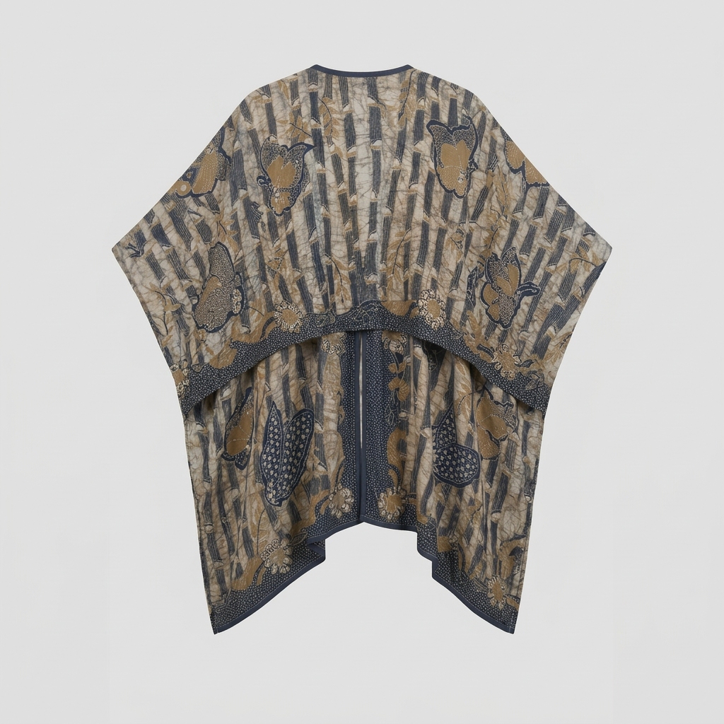 A lightweight open-front poncho or kaftan with a vertical striped pattern in beige, brown, and navy blue, featuring bamboo and butterfly motifs and a fringed hem, shown against a solid light gray background.