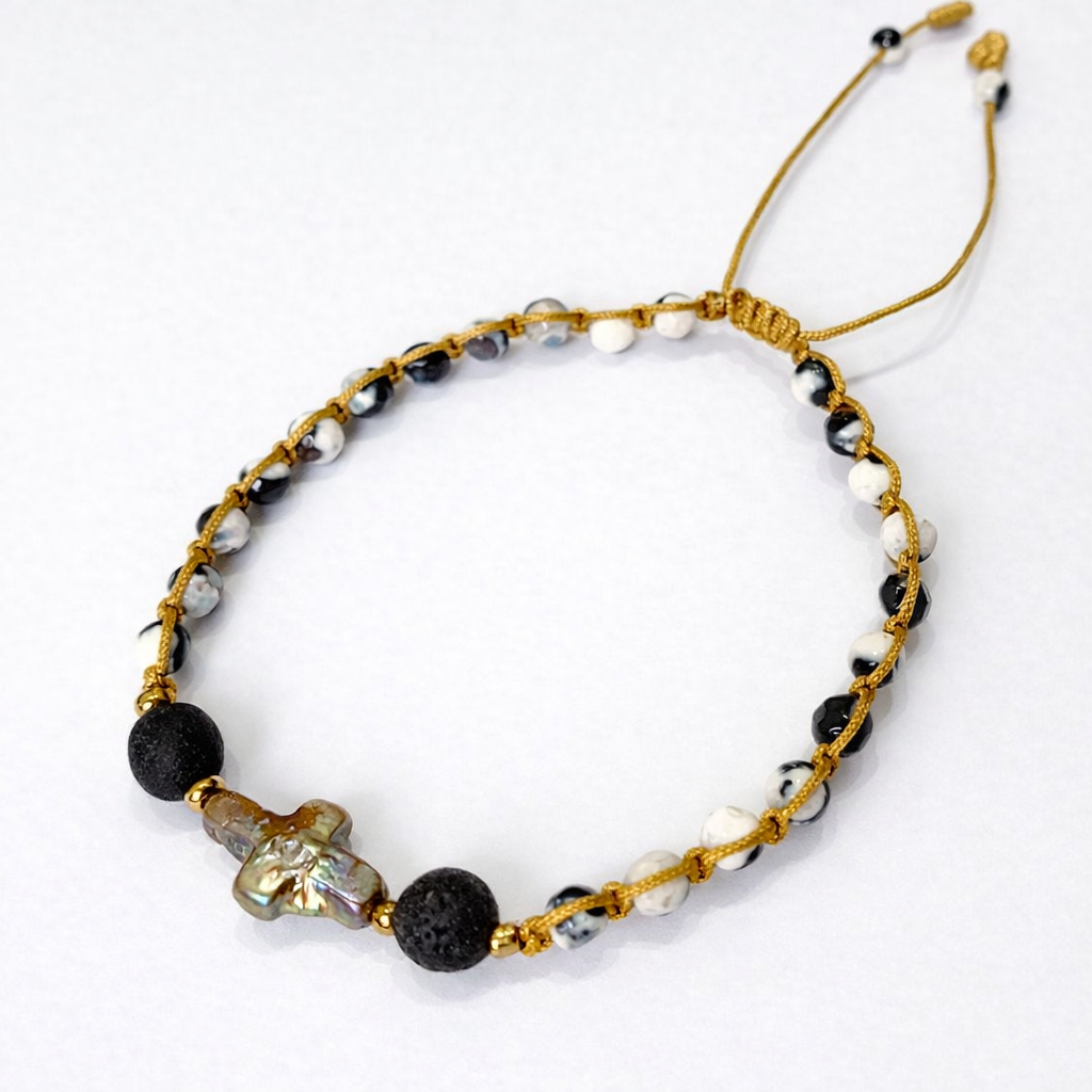 Nyana Nyana Diffuser Macrame Bracelets | Baroque pearl cross, Freshwater pearl, and lava beads