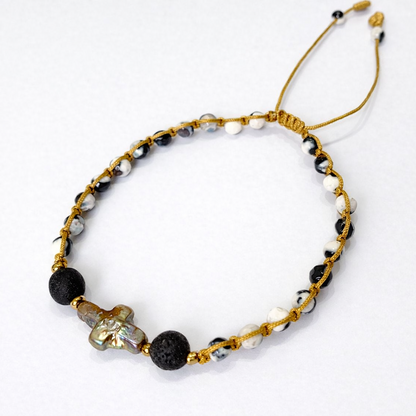 Nyana Nyana Diffuser Macrame Bracelets | Baroque pearl cross, Freshwater pearl, and lava beads