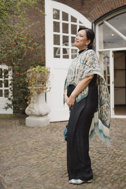 Nyana Nyana Artisan Hand-Drawn Batik Cape in Vegan Silk Cupro | High-Low Cape