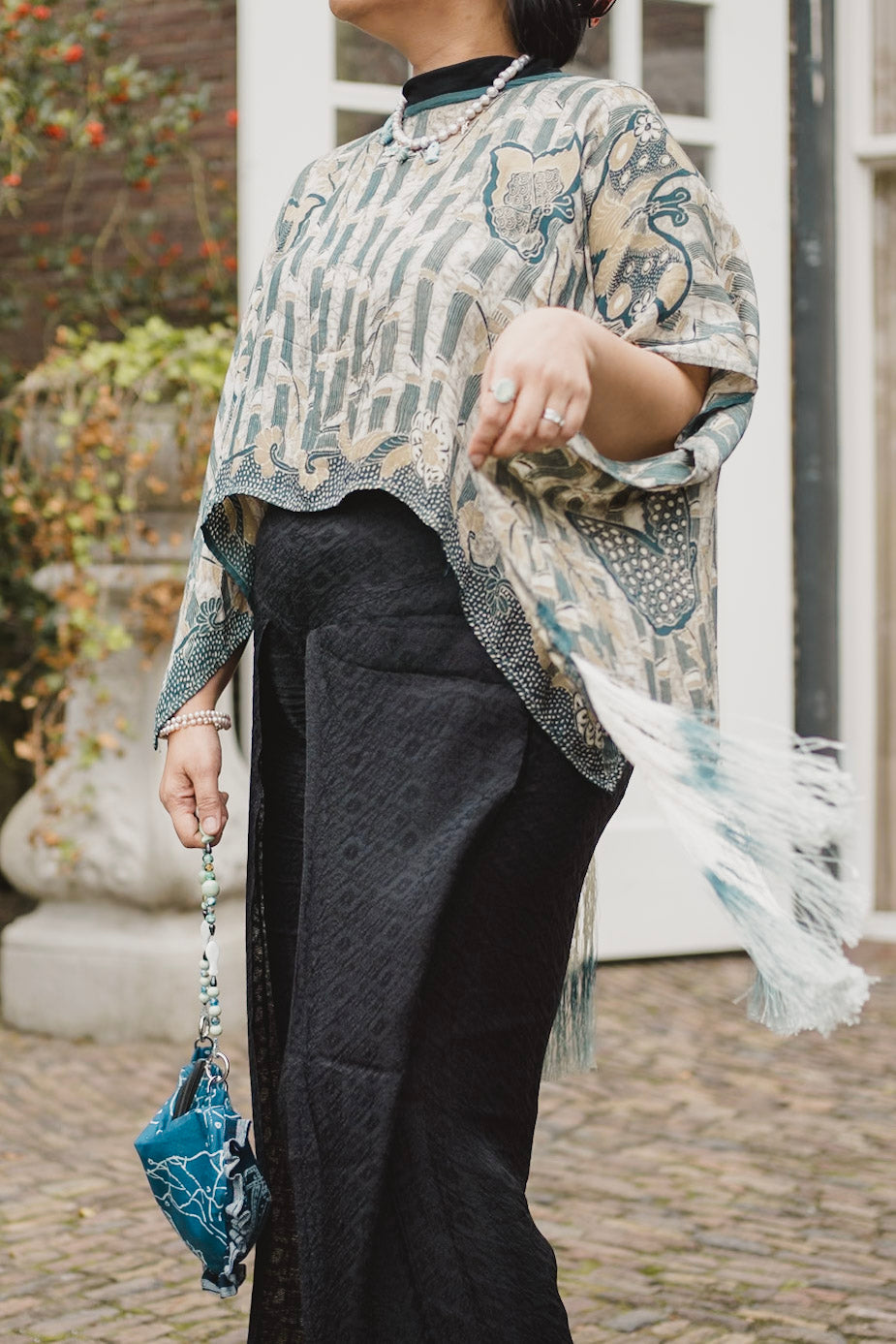 Nyana Nyana Artisan Hand-Drawn Batik Cape in Vegan Silk Cupro | High-Low Cape
