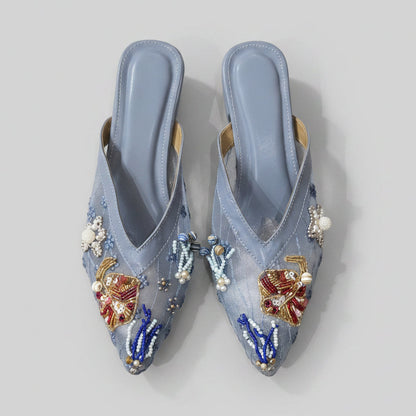 Nyana Nyana Hand-Beaded Slippers Mesh Mules (Ready stock Leather Trim 3cm)