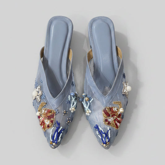Nyana Nyana Hand-Beaded Slippers Mesh Mules (Ready stock Leather Trim)