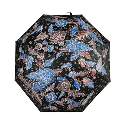 Hand-drawn Peranakan batik tulis umbrella with UV protection coating, featuring vibrant floral motifs for sun and rain protection.