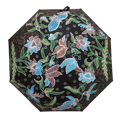 Hand-drawn Peranakan batik tulis umbrella with UV protection coating, featuring vibrant floral motifs for sun and rain protection.