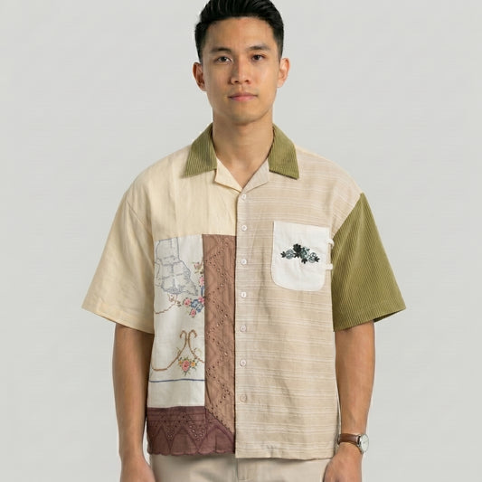 Nyana Nyana Kopi Embroidery Camp Shirt - 100% Cotton, vintage tablecloth, Limited Edition